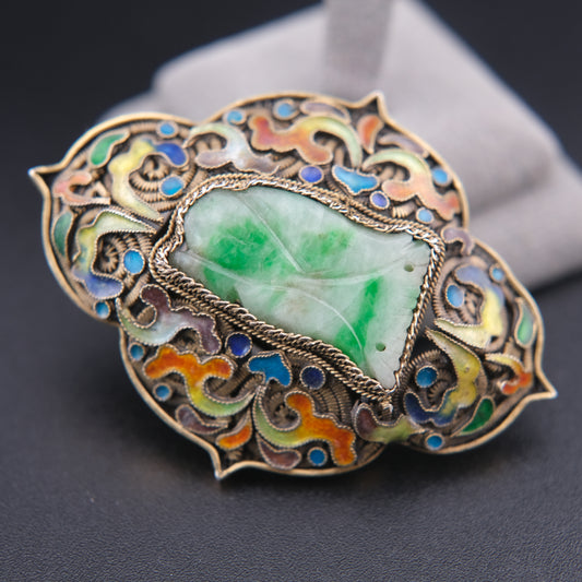 ❤️ Vintage Chinese Silver Filigree Enamel Jade Brooch 2" Green Stone