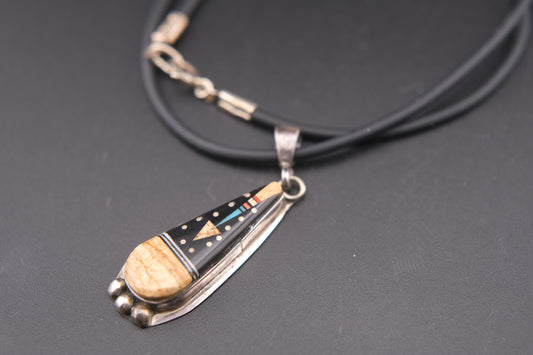 Zuni Inlay Pendant Necklace – Sterling Silver .925 with Turquoise, Coral, Jet & Shell | Signed R.I | Vintage Native American Jewelry
