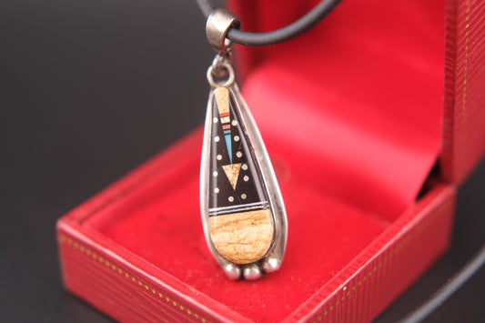 Zuni Inlay Pendant Necklace – Sterling Silver .925 with Turquoise, Coral, Jet & Shell | Signed R.I | Vintage Native American Jewelry
