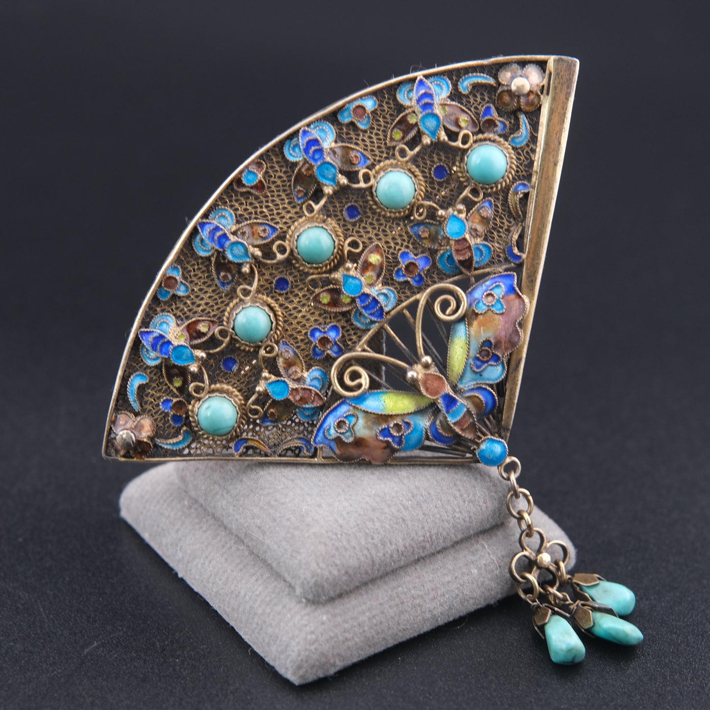 ❤️ Vintage Chinese Silver Filigree Fan Brooch Turquoise Enamel Butterfly Dangle