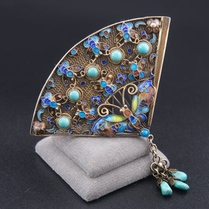 ❤️ Vintage Chinese Silver Filigree Fan Brooch Turquoise Enamel Butterfly Dangle