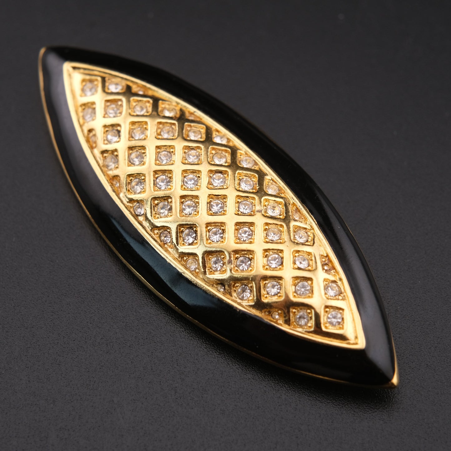 Vintage 1980s Monet Black Enamel Style & Rhinestone Navette Brooch Gold Tone 2.5”