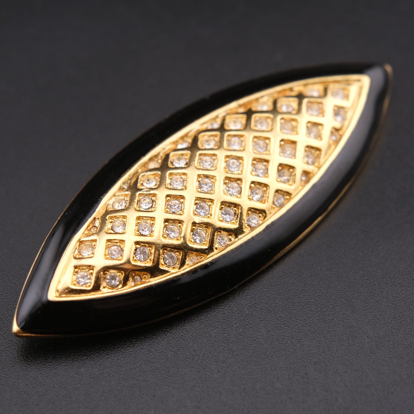 Vintage 1980s Monet Black Enamel Style & Rhinestone Navette Brooch Gold Tone 2.5”
