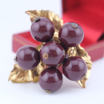 Vintage Red Berry Cluster & Gold Brass Leaf Dress Clip – Miriam Haskell Style