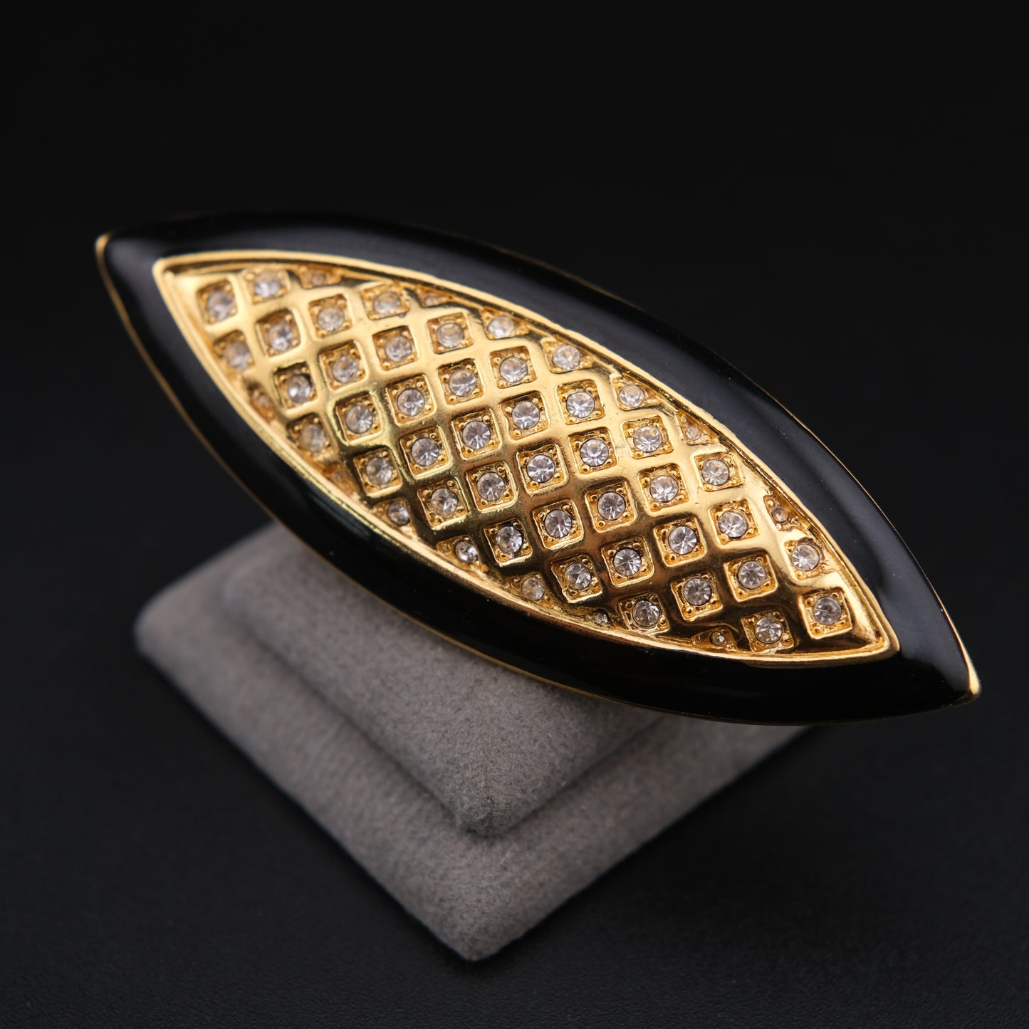 Vintage 1980s Monet Black Enamel Style & Rhinestone Navette Brooch Gold Tone 2.5”