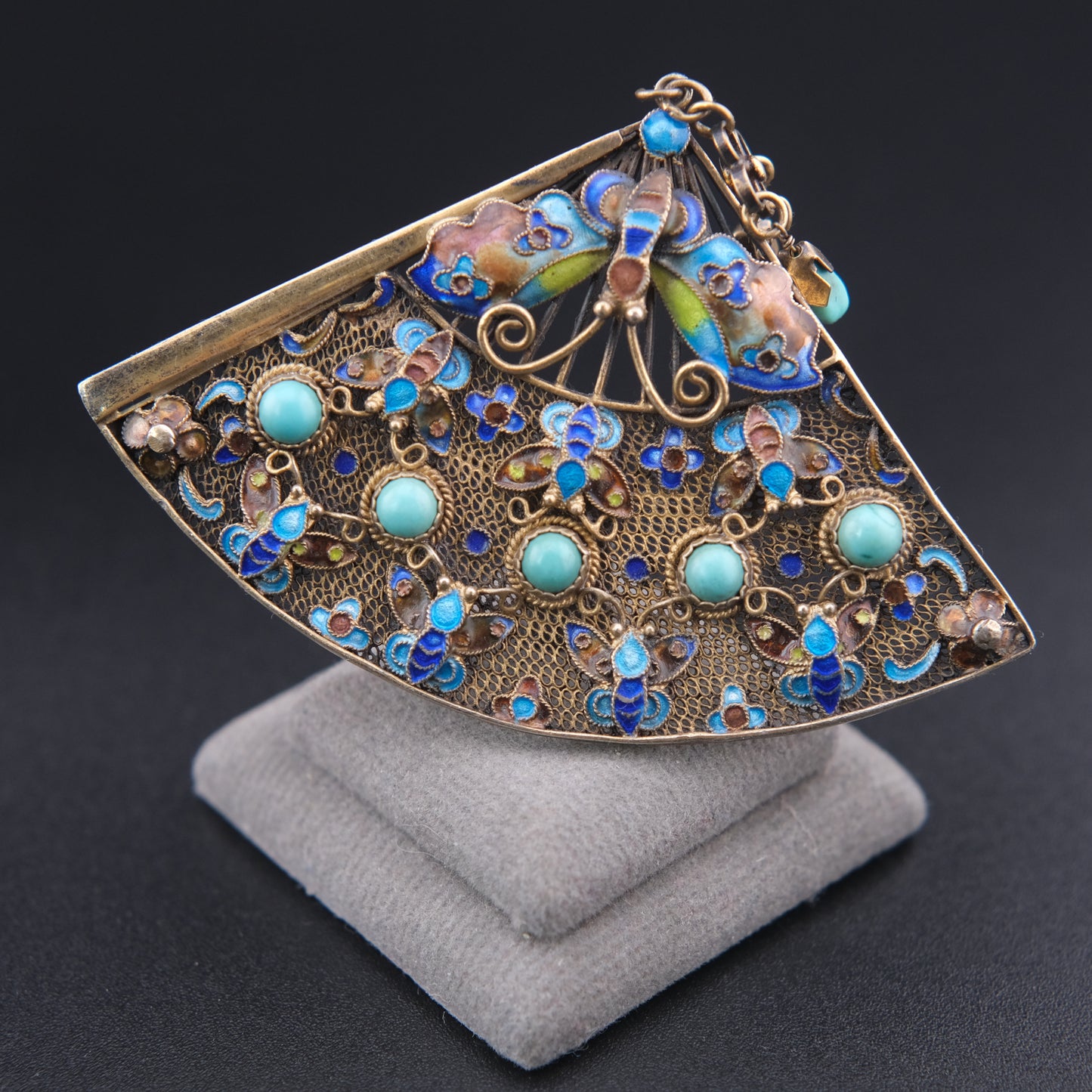 ❤️ Vintage Chinese Silver Filigree Fan Brooch Turquoise Enamel Butterfly Dangle