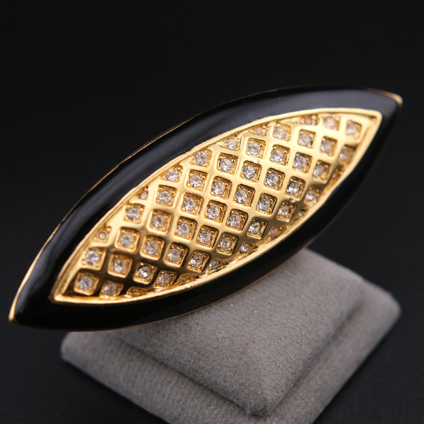 Vintage 1980s Monet Black Enamel Style & Rhinestone Navette Brooch Gold Tone 2.5”
