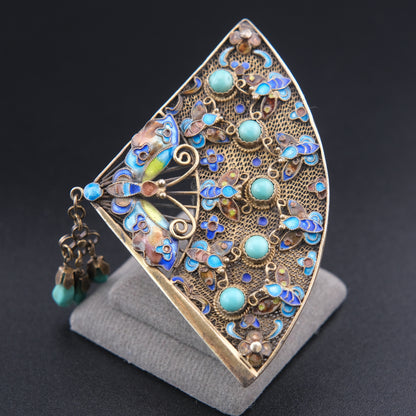 ❤️ Vintage Chinese Silver Filigree Fan Brooch Turquoise Enamel Butterfly Dangle
