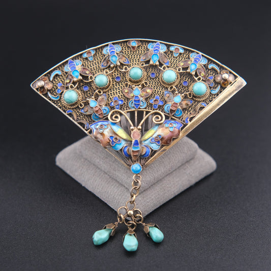 ❤️ Vintage Chinese Silver Filigree Fan Brooch Turquoise Enamel Butterfly Dangle