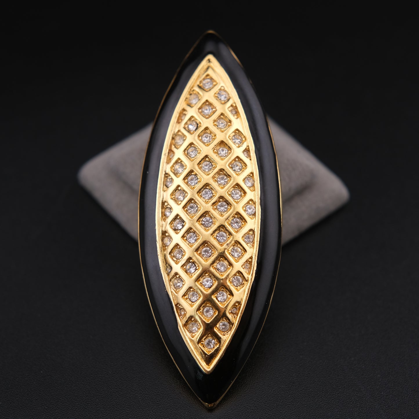 Vintage 1980s Monet Black Enamel Style & Rhinestone Navette Brooch Gold Tone 2.5”