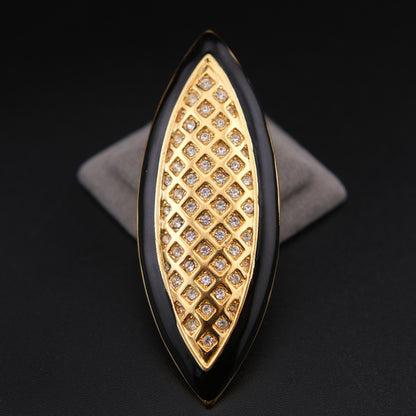 Vintage 1980s Monet Black Enamel Style & Rhinestone Navette Brooch Gold Tone 2.5”