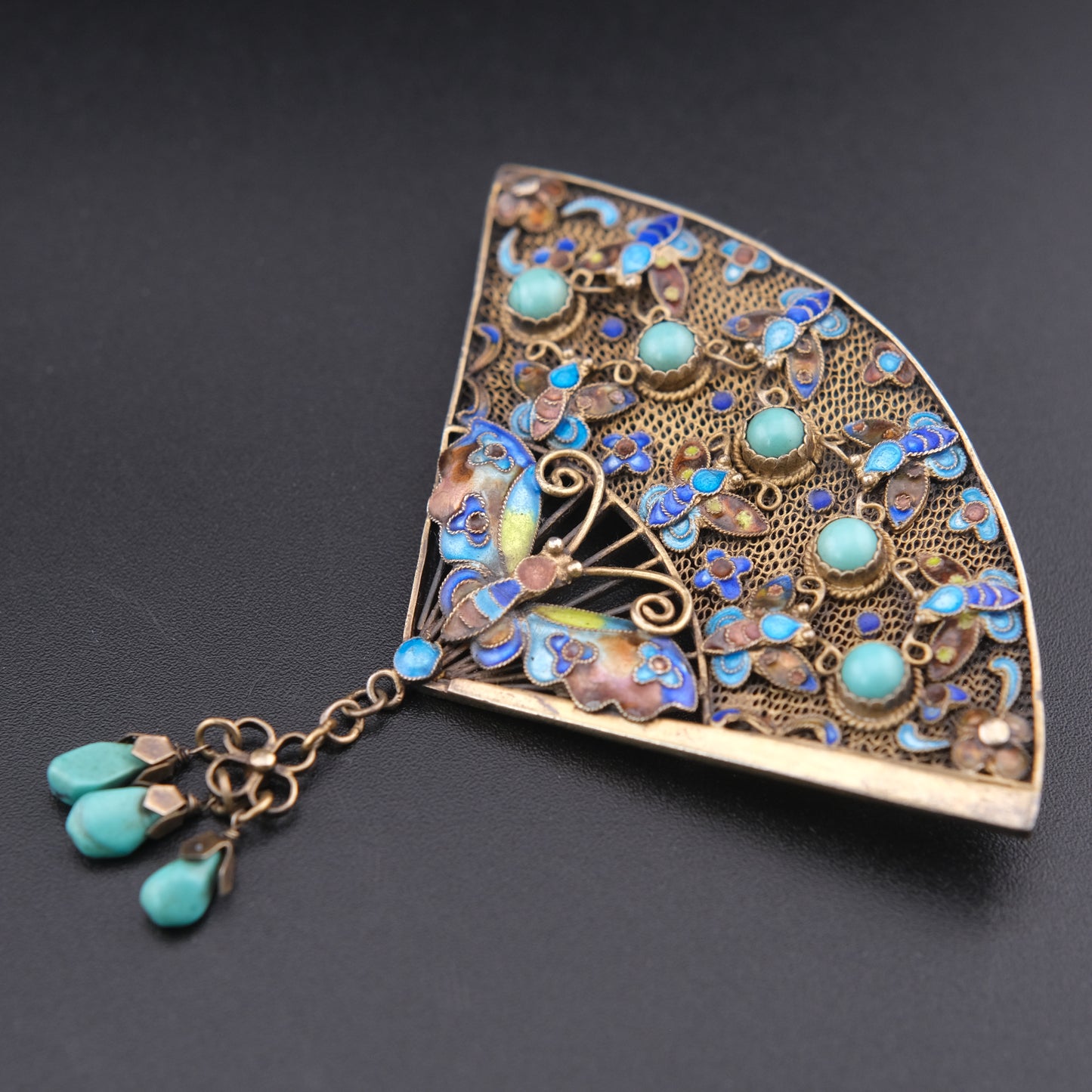 ❤️ Vintage Chinese Silver Filigree Fan Brooch Turquoise Enamel Butterfly Dangle