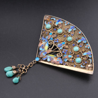 ❤️ Vintage Chinese Silver Filigree Fan Brooch Turquoise Enamel Butterfly Dangle