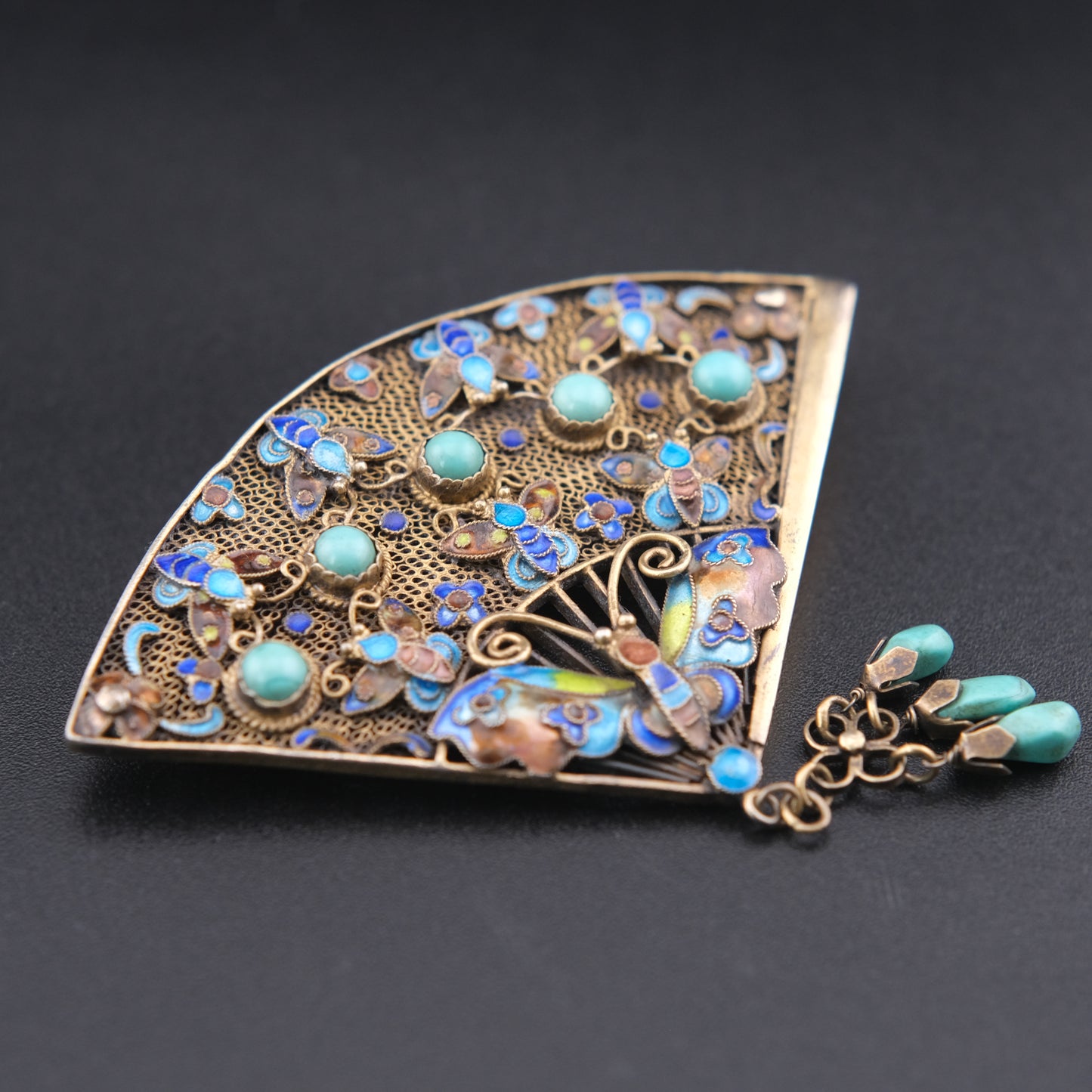 ❤️ Vintage Chinese Silver Filigree Fan Brooch Turquoise Enamel Butterfly Dangle