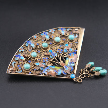 ❤️ Vintage Chinese Silver Filigree Fan Brooch Turquoise Enamel Butterfly Dangle