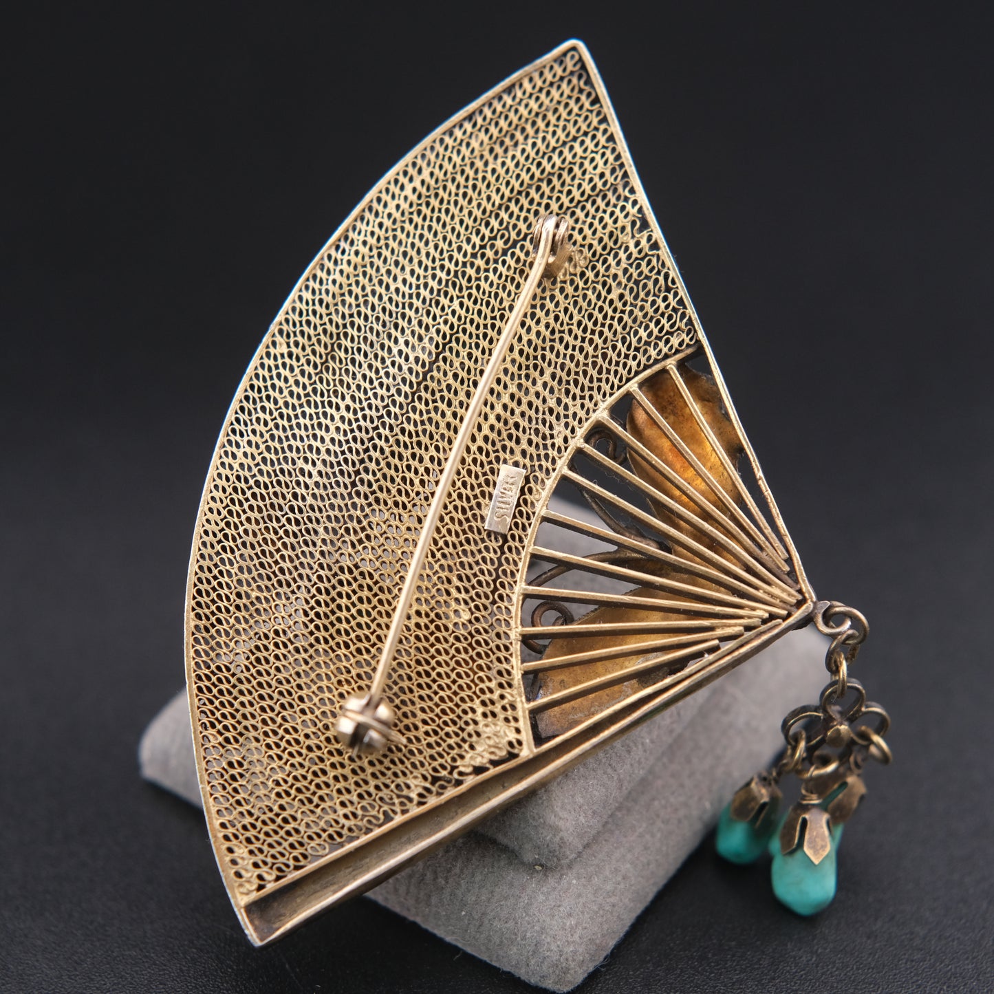 ❤️ Vintage Chinese Silver Filigree Fan Brooch Turquoise Enamel Butterfly Dangle