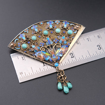 ❤️ Vintage Chinese Silver Filigree Fan Brooch Turquoise Enamel Butterfly Dangle