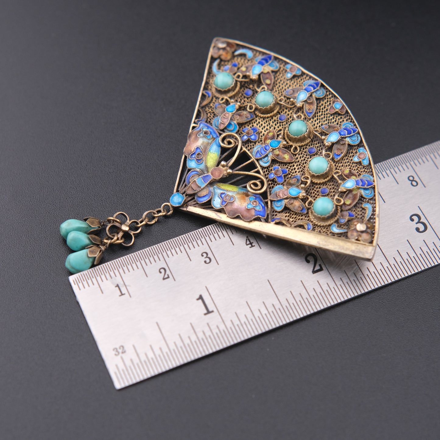 ❤️ Vintage Chinese Silver Filigree Fan Brooch Turquoise Enamel Butterfly Dangle