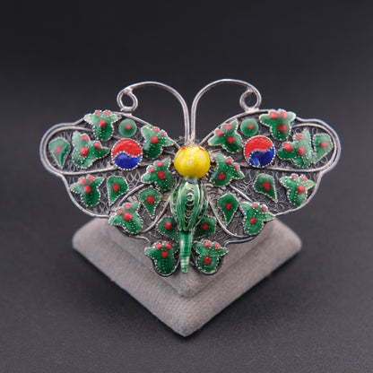 ❤️ Vintage Silver Filigree Enamel Butterfly Brooch Green Red Asian Motif 2.3”