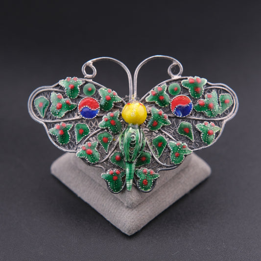 ❤️ Vintage Silver Filigree Enamel Butterfly Brooch Green Red Asian Motif 2.3”
