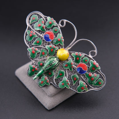 ❤️ Vintage Silver Filigree Enamel Butterfly Brooch Green Red Asian Motif 2.3”
