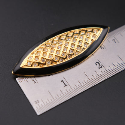 Vintage 1980s Monet Black Enamel Style & Rhinestone Navette Brooch Gold Tone 2.5”