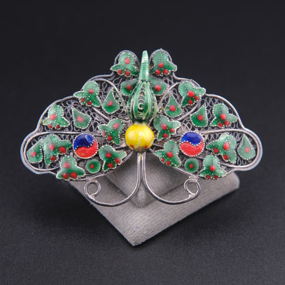 ❤️ Vintage Silver Filigree Enamel Butterfly Brooch Green Red Asian Motif 2.3”
