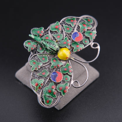 ❤️ Vintage Silver Filigree Enamel Butterfly Brooch Green Red Asian Motif 2.3”
