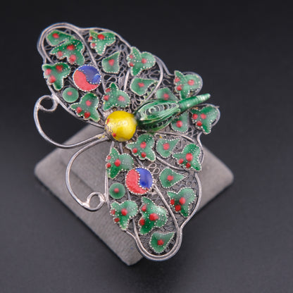❤️ Vintage Silver Filigree Enamel Butterfly Brooch Green Red Asian Motif 2.3”
