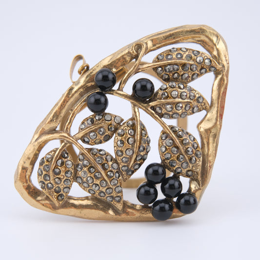 Vintage Signed WS Gold-Tone Scarf Ring with Black Beads & Marcasite Leaves – Convertible Pendant