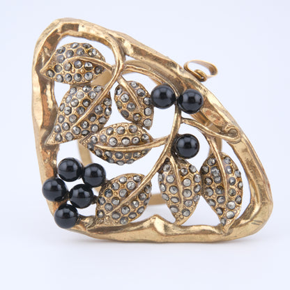 Vintage Signed WS Gold-Tone Scarf Ring with Black Beads & Marcasite Leaves – Convertible Pendant