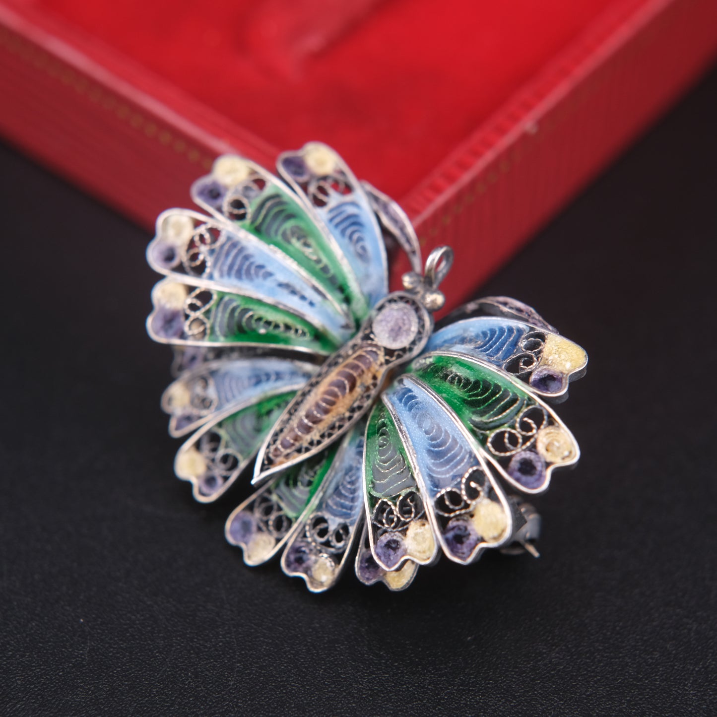 🦋 Vintage Enamel Filigree Butterfly Brooch – Multicolor on 800 Silver