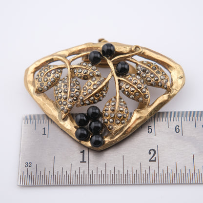 Vintage Signed WS Gold-Tone Scarf Ring with Black Beads & Marcasite Leaves – Convertible Pendant