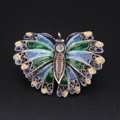 🦋 Vintage Enamel Filigree Butterfly Brooch – Multicolor on 800 Silver