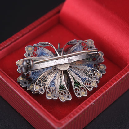 🦋 Vintage Enamel Filigree Butterfly Brooch – Multicolor on 800 Silver