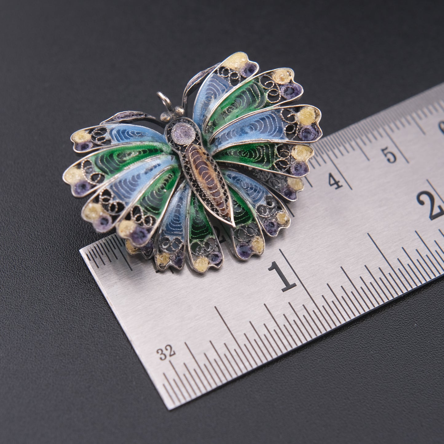 🦋 Vintage Enamel Filigree Butterfly Brooch – Multicolor on 800 Silver