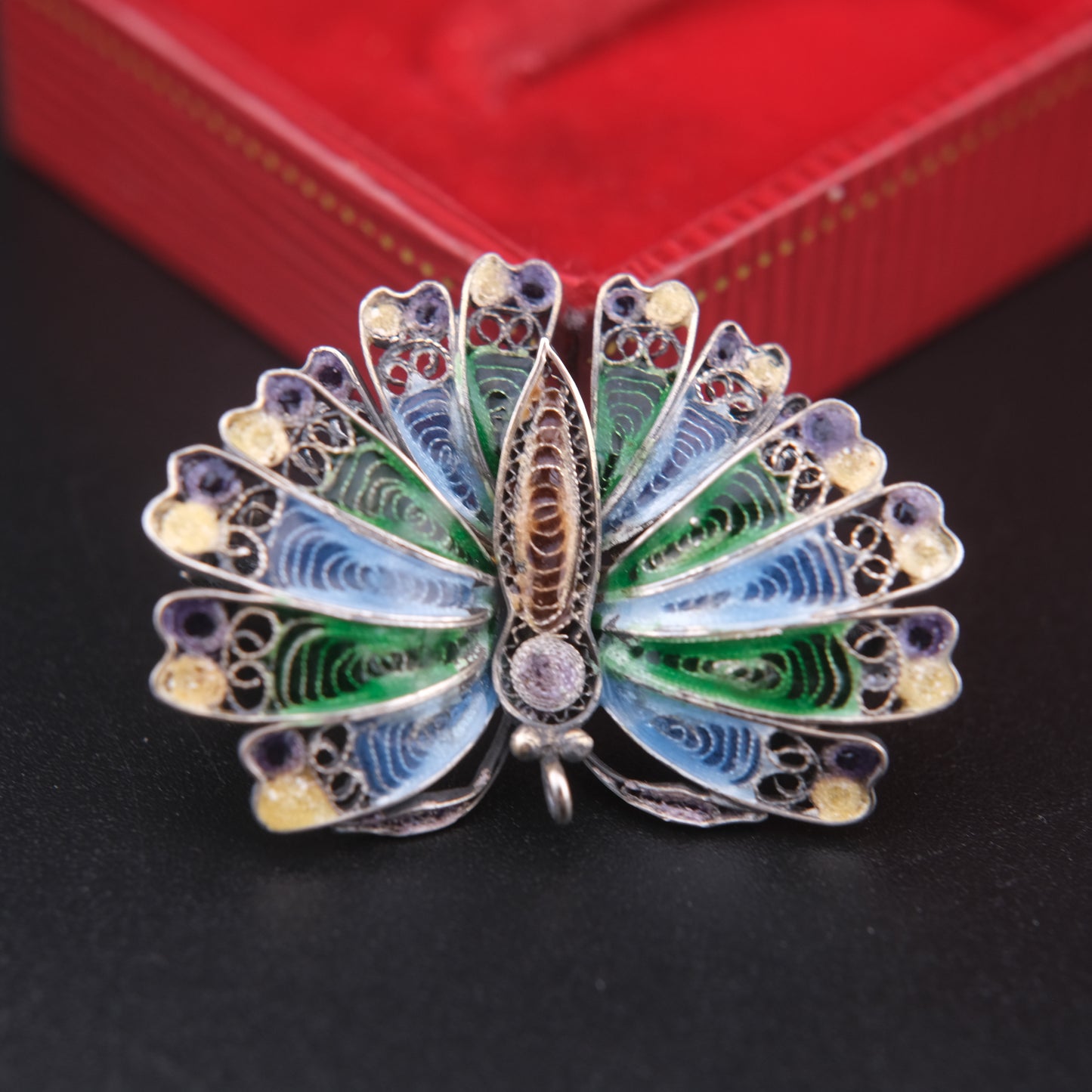 🦋 Vintage Enamel Filigree Butterfly Brooch – Multicolor on 800 Silver