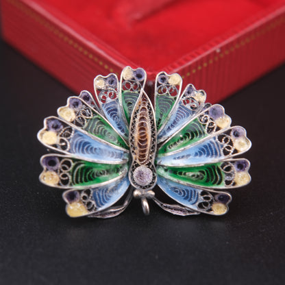 🦋 Vintage Enamel Filigree Butterfly Brooch – Multicolor on 800 Silver