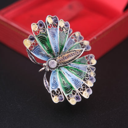 🦋 Vintage Enamel Filigree Butterfly Brooch – Multicolor on 800 Silver