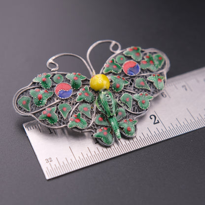 ❤️ Vintage Silver Filigree Enamel Butterfly Brooch Green Red Asian Motif 2.3”