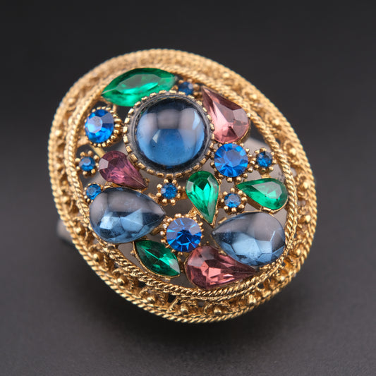 ❤️ Vintage Sphinx Multicolor Glass Cabochon & Rhinestone Gold Tone Brooch