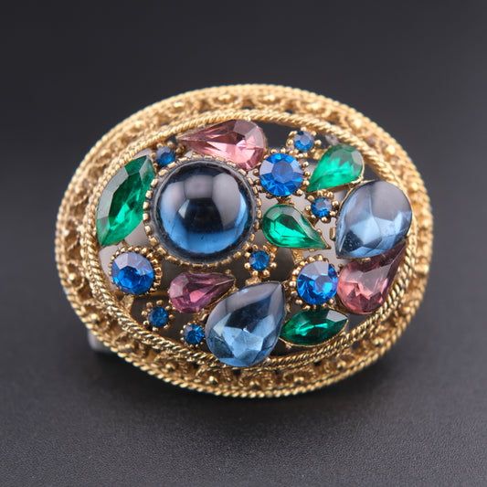 ❤️ Vintage Sphinx Multicolor Glass Cabochon & Rhinestone Gold Tone Brooch