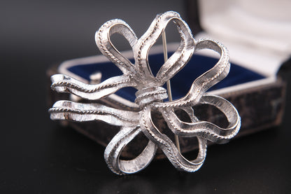 Vintage Monet Ribbon Bow Brooch – Silver-Tone Textured Finish