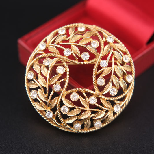 ❤️ Vintage Emmons Gold-Tone Laurel Wreath Rhinestone Circle Brooch