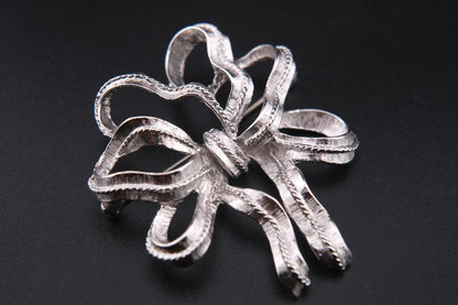 Vintage Monet Ribbon Bow Brooch – Silver-Tone Textured Finish