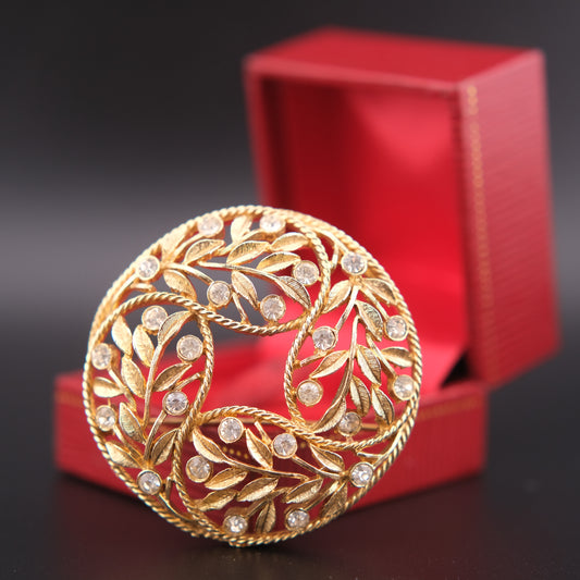❤️ Vintage Emmons Gold-Tone Laurel Wreath Rhinestone Circle Brooch
