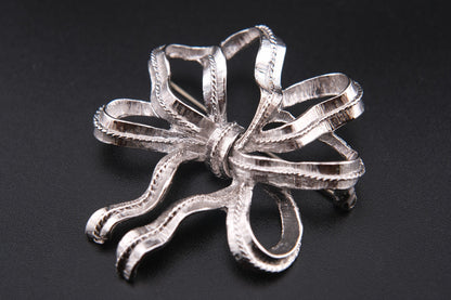 Vintage Monet Ribbon Bow Brooch – Silver-Tone Textured Finish