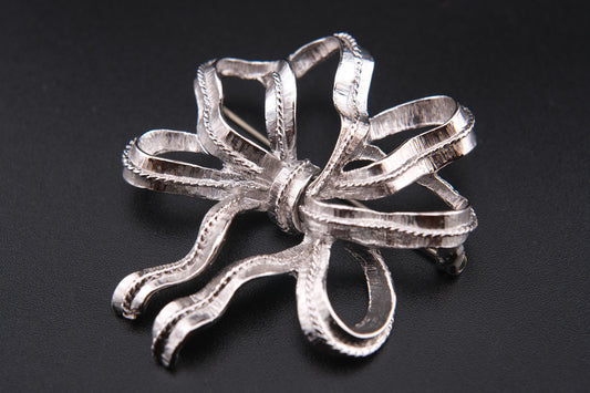 Vintage Monet Ribbon Bow Brooch – Silver-Tone Textured Finish