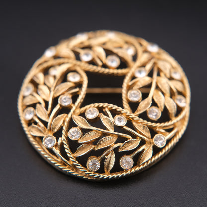 ❤️ Vintage Emmons Gold-Tone Laurel Wreath Rhinestone Circle Brooch