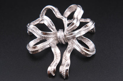 Vintage Monet Ribbon Bow Brooch – Silver-Tone Textured Finish
